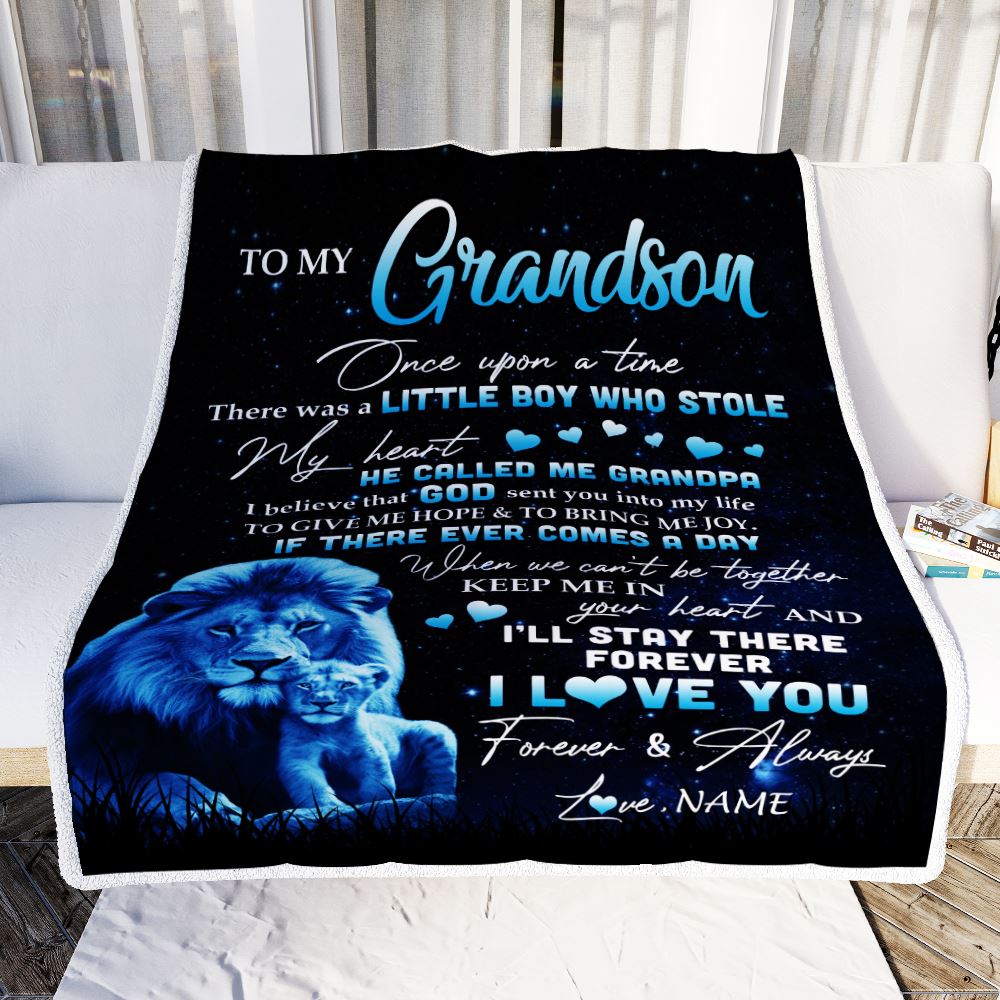 Personalized To My Grandson Lion Blanket From Grandpa I'll Stay There Forever Grandson Birthday Graduation Christmas Customized Bed Quilt Fleece Blanket | siriusteestore