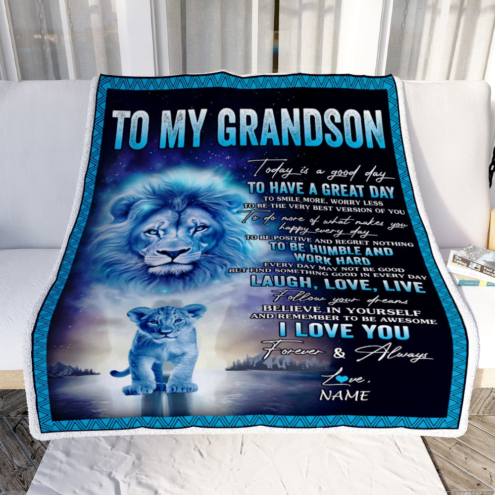 Personalized To My Grandson Lion Blanket From Papa Grandpa Every Day Laugh Love Live Grandson Birthday Graduation Christmas Customized Bed Fleece Throw Blanket | siriusteestore