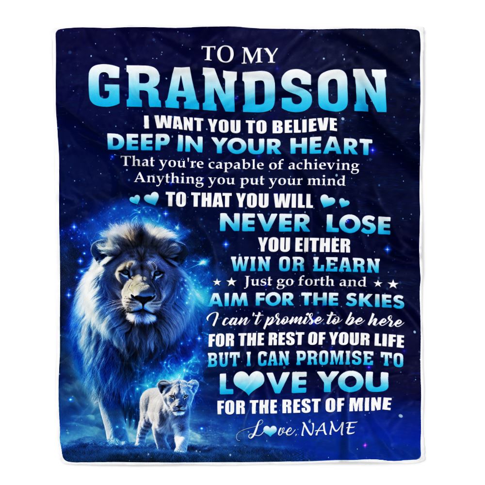 Personalized To My Grandson Lion From Grandma Papa Blanket Believe Your Heart Grandson Gift Birthday Graduation Christmas Custom Customized Fleece Blanket | siriusteestore