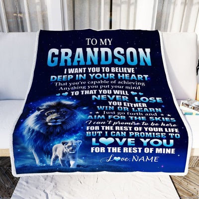 Personalized To My Grandson Lion From Grandma Papa Blanket Believe Your Heart Grandson Gift Birthday Graduation Christmas Custom Customized Fleece Blanket | siriusteestore