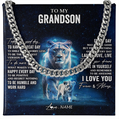 Cuban Link Chain Necklace Stainless Steel | 1 | Personalized To My Grandson Lion Necklace From Grandma Gigi Today Is A Good Day Grandson Gifts Birthday Graduation Christmas Customized Gift Box Message Card | siriusteestore