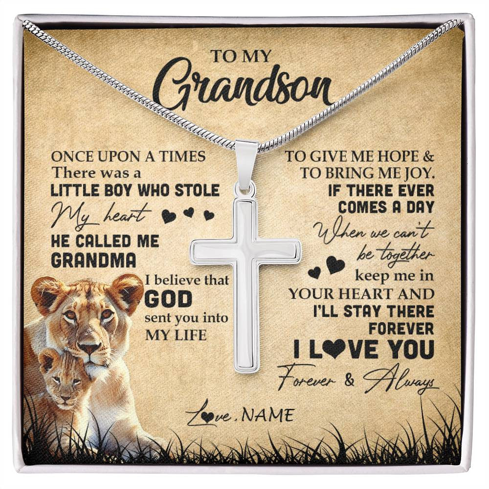 Stainless Cross Necklace | Personalized To My Grandson Lion Necklace From Grandma I'll Stay There Forever Grandson Birthday Graduation Christmas Customized Gift Box Message Card | siriusteestore