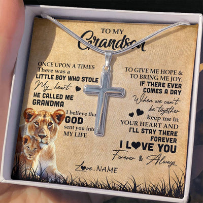 Stainless Cross Necklace | Personalized To My Grandson Lion Necklace From Grandma I'll Stay There Forever Grandson Birthday Graduation Christmas Customized Gift Box Message Card | siriusteestore