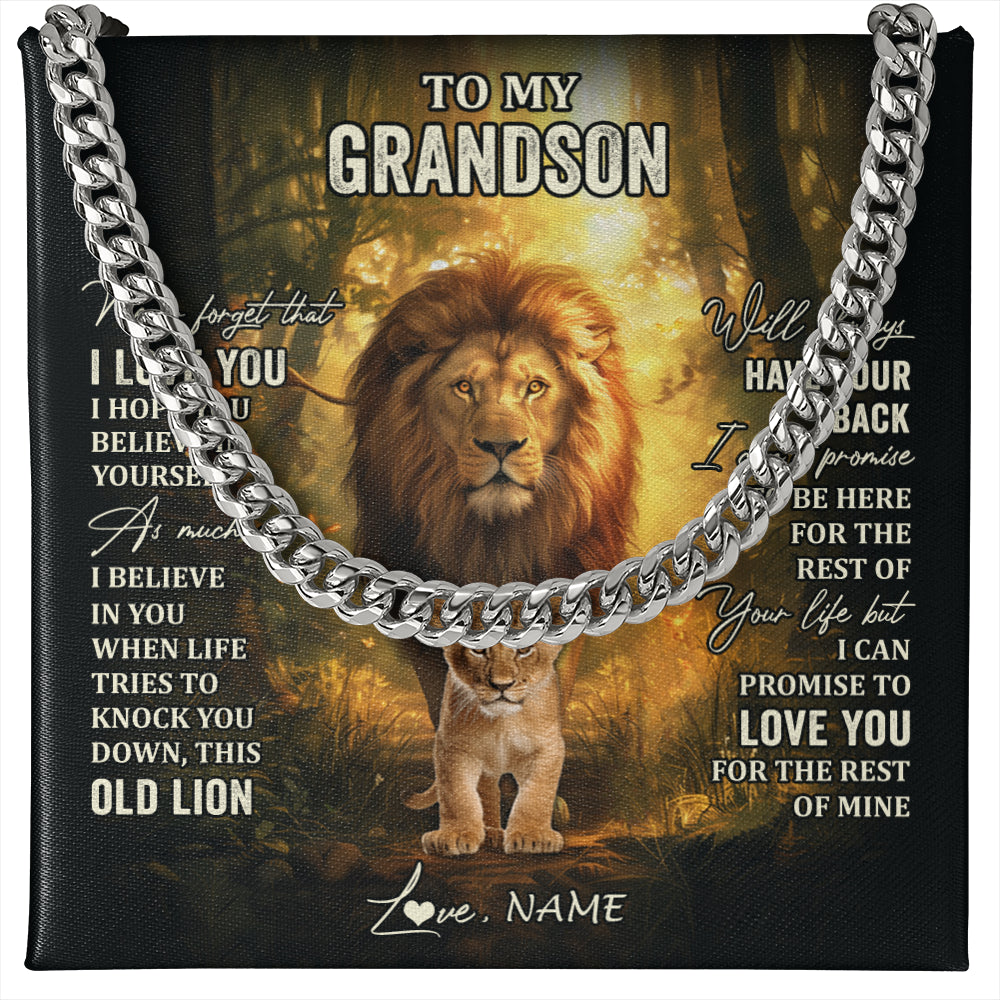 Cuban Link Chain Necklace Stainless Steel | 1 | Personalized To My Grandson Lion Necklace From Grandpa Papa Never Forget That I Love You Grandson Birthday Gifts Christmas Customized Gift Box Message Card | siriusteestore
