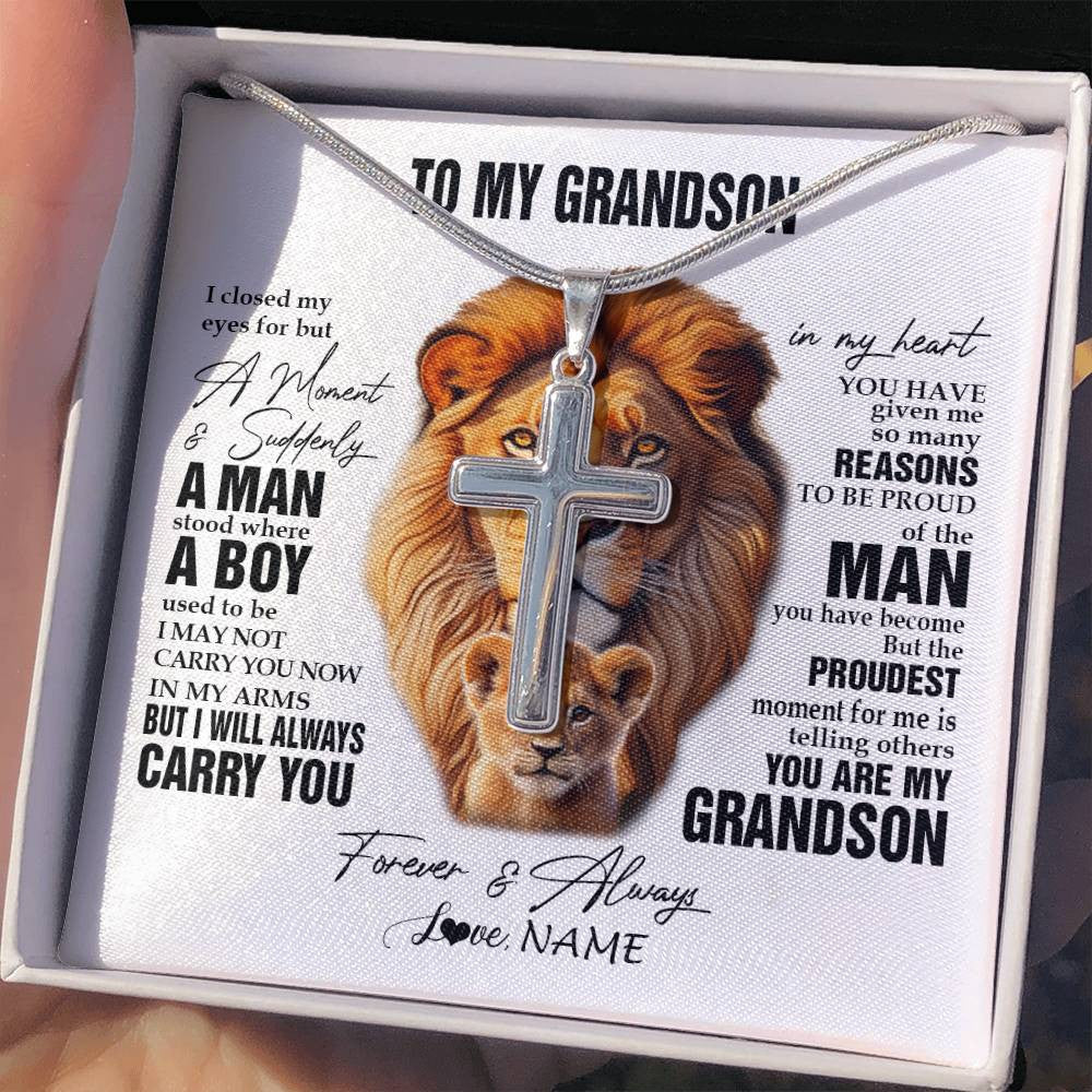 Stainless Cross Necklace Stainless Steel | 2 | Personalized To My Grandson Lion Necklace From Papa Grandpa I Closed My Eyes Great Grandson Birthday Graduation Christmas Customized Gift Box Message Card | siriusteestore