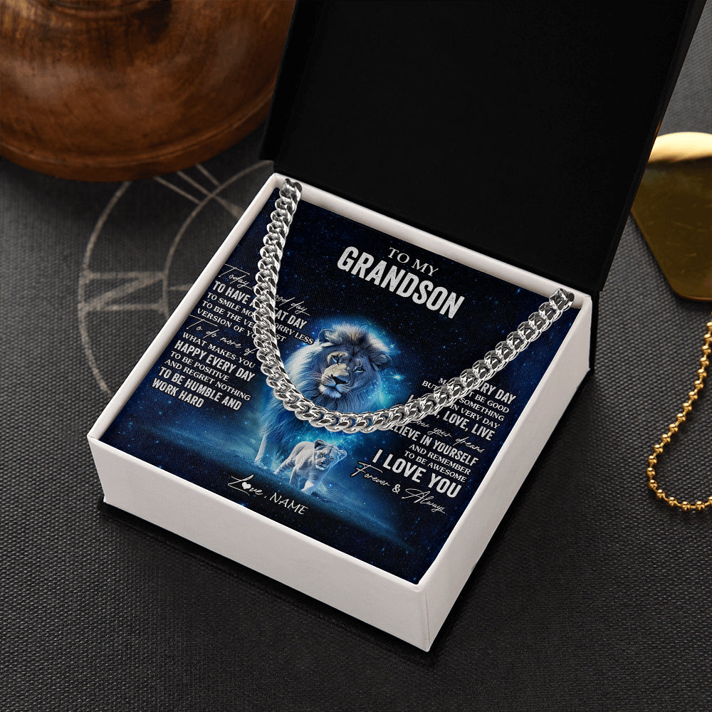 Cuban Link Chain Necklace Stainless Steel | 2 | Personalized To My Grandson Lion Necklace From Papa Grandpa Today Is A Good Day Grandson Gifts Birthday Graduation Christmas Customized Gift Box Message Card | siriusteestore