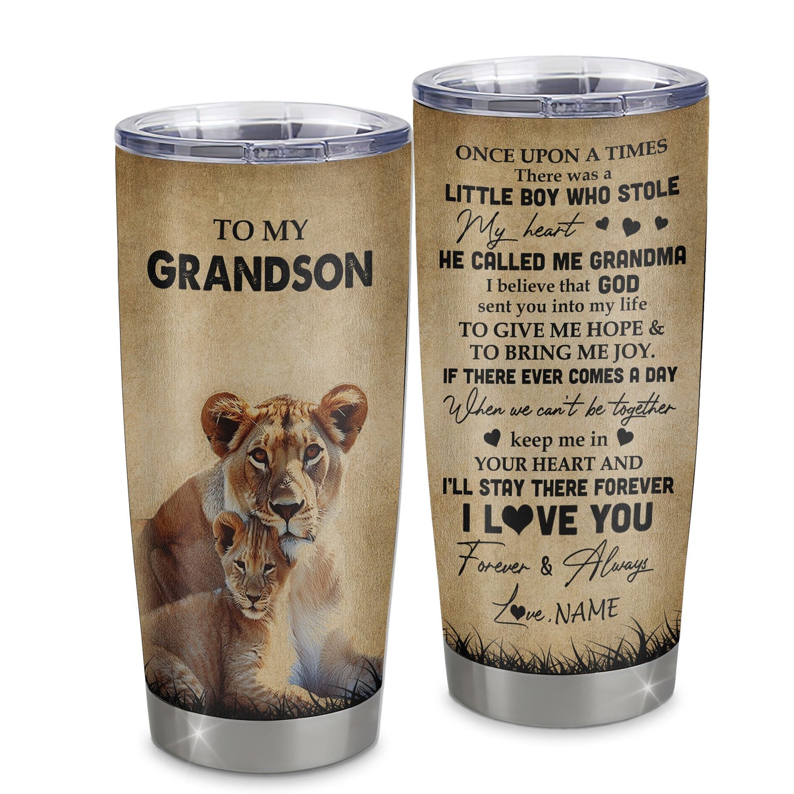 Personalized To My Grandson Lion Tumbler From Grandma Stainless Steel Cup I'll Stay There Forever Grandson Birthday Graduation Christmas Travel Mug | siriusteestore