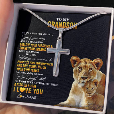 Stainless Cross Necklace Stainless Steel | 2 | Personalized To My Grandson Necklace From Grandma Grandmother Lion My Only Wish For You Grandson Birthday Christmas Customized Gift Box Message Card | siriusteestore