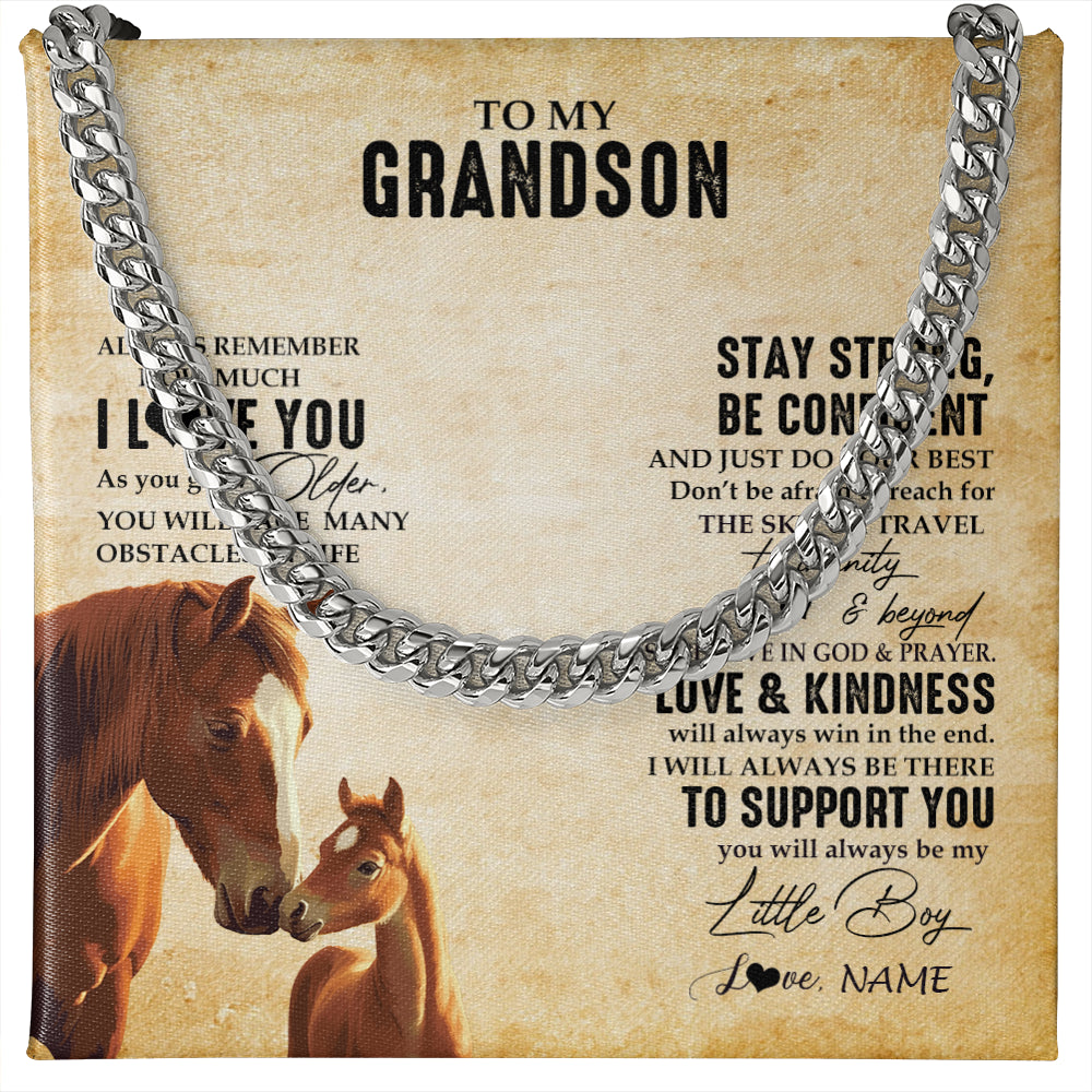 Cuban Link Chain Necklace Stainless Steel | 1 | Personalized To My Grandson Necklace From Grandma Grandpa Always Remember I Love You Horse Grandson Birthday Gifts Christmas Customized Gift Box Message Card | siriusteestore