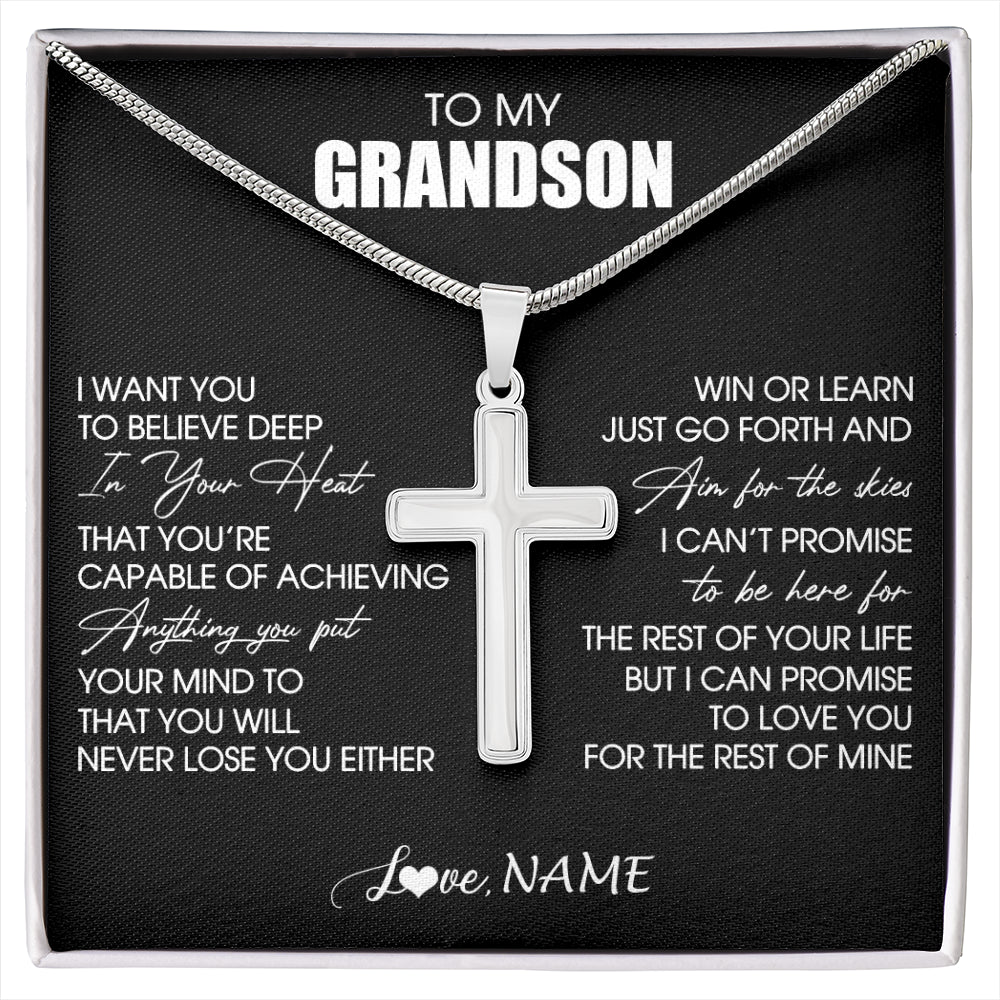 Stainless Cross Necklace Stainless Steel | 1 | Personalized To My Grandson Necklace From Grandma Grandpa Believe Deep In Your Heart Grandson Birthday Jewelry For Men Customized Gift Box Message Card | siriusteestore