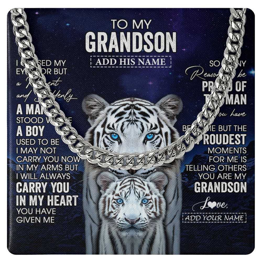 Cuban Link Chain Necklace Stainless Steel | 1 | Personalized To My Grandson Necklace From Grandma Grandpa I Close My Eyes White Tiger Grandson Birthday Gift Graduation Christmas Jewelry Gift Box Message Card | https://siriusteestore.