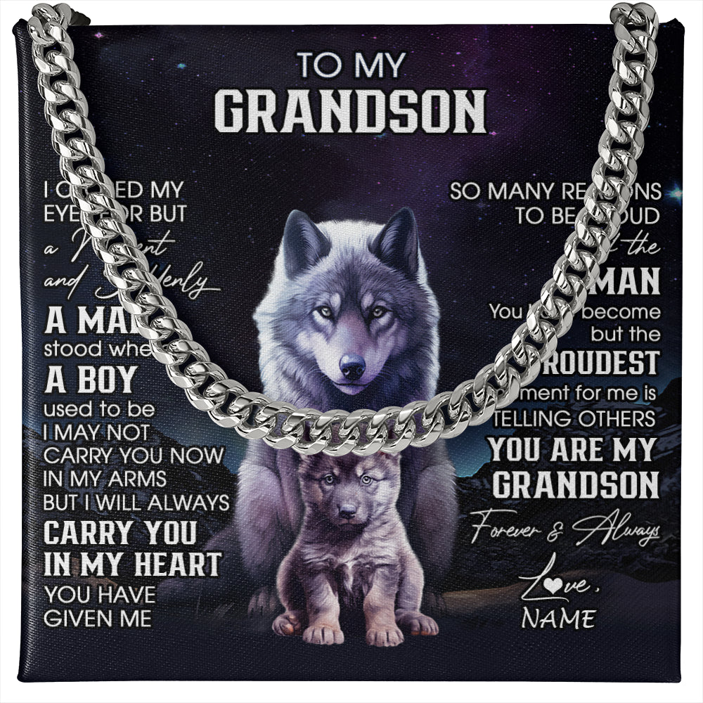 Cuban Link Chain Necklace Stainless Steel | 1 | Personalized To My Grandson Necklace From Grandma Grandpa I Close My Eyes Wolf Grandson Birthday Gifts Graduation Christmas Customized Gift Box Message Card | siriusteestore