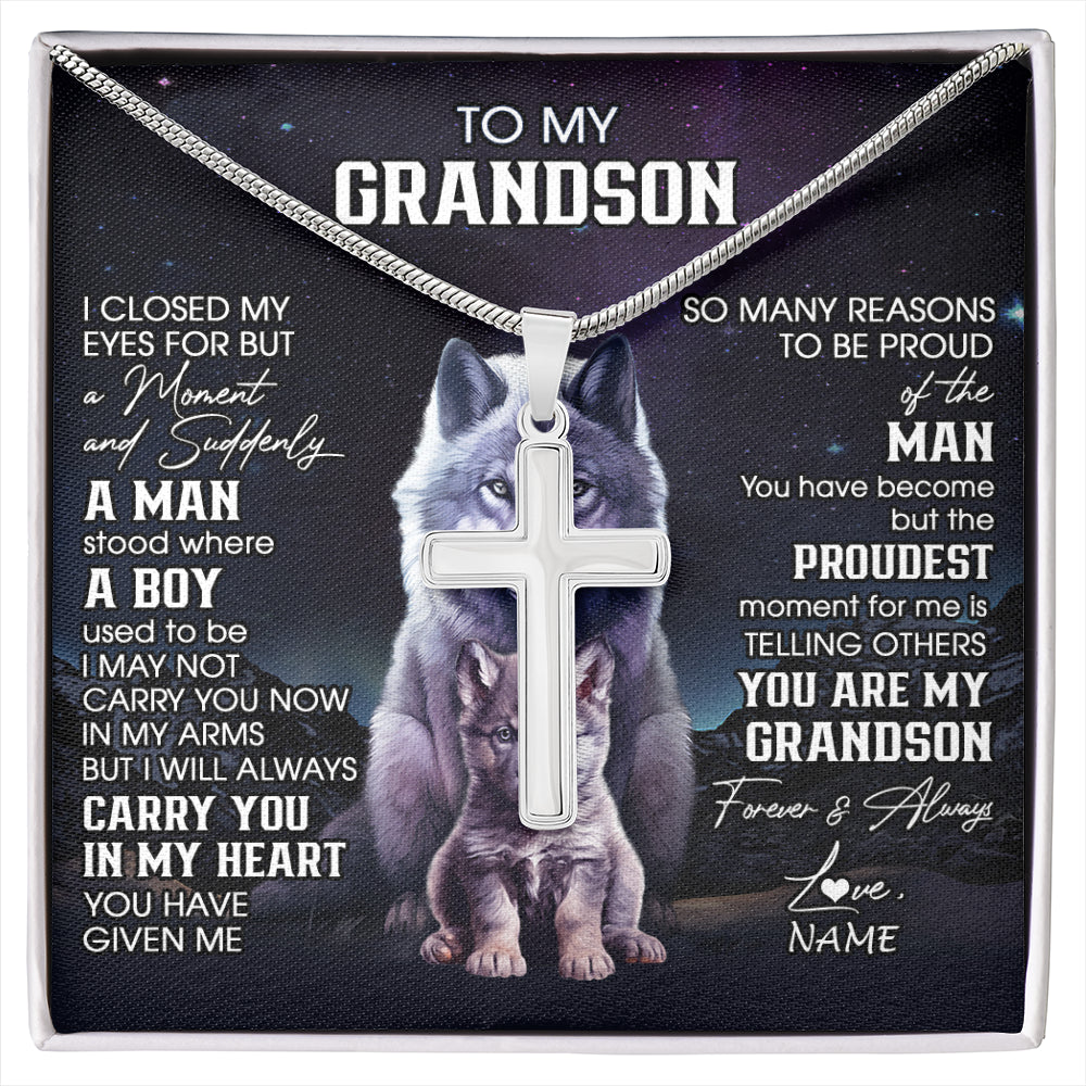Stainless Cross Necklace Stainless Steel | 1 | Personalized To My Grandson Necklace From Grandma Grandpa I Close My Eyes Wolf Grandson Birthday Gifts Graduation Christmas Customized Gift Box Message Card | siriusteestore
