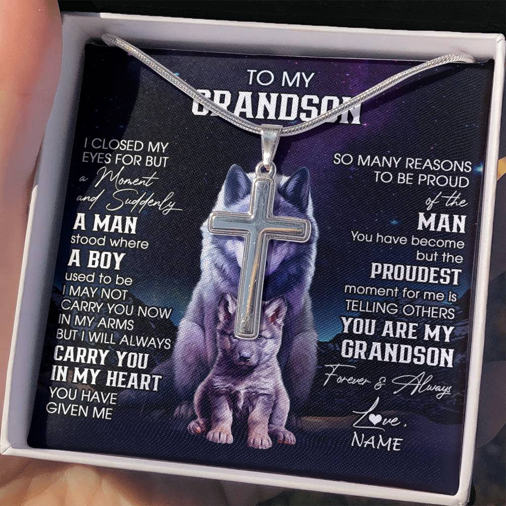 Stainless Cross Necklace Stainless Steel | 2 | Personalized To My Grandson Necklace From Grandma Grandpa I Close My Eyes Wolf Grandson Birthday Gifts Graduation Christmas Customized Gift Box Message Card | siriusteestore