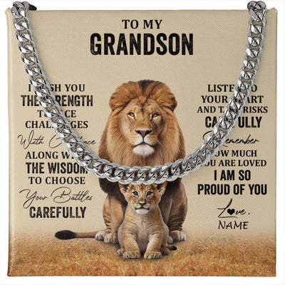 Cuban Link Chain Necklace Stainless Steel | 1 | Personalized To My Grandson Necklace From Grandma Grandpa I Wish You The Strength Lion Grandson Birthday Graduation Christmas Customized Gift Box Message Card | siriusteestore