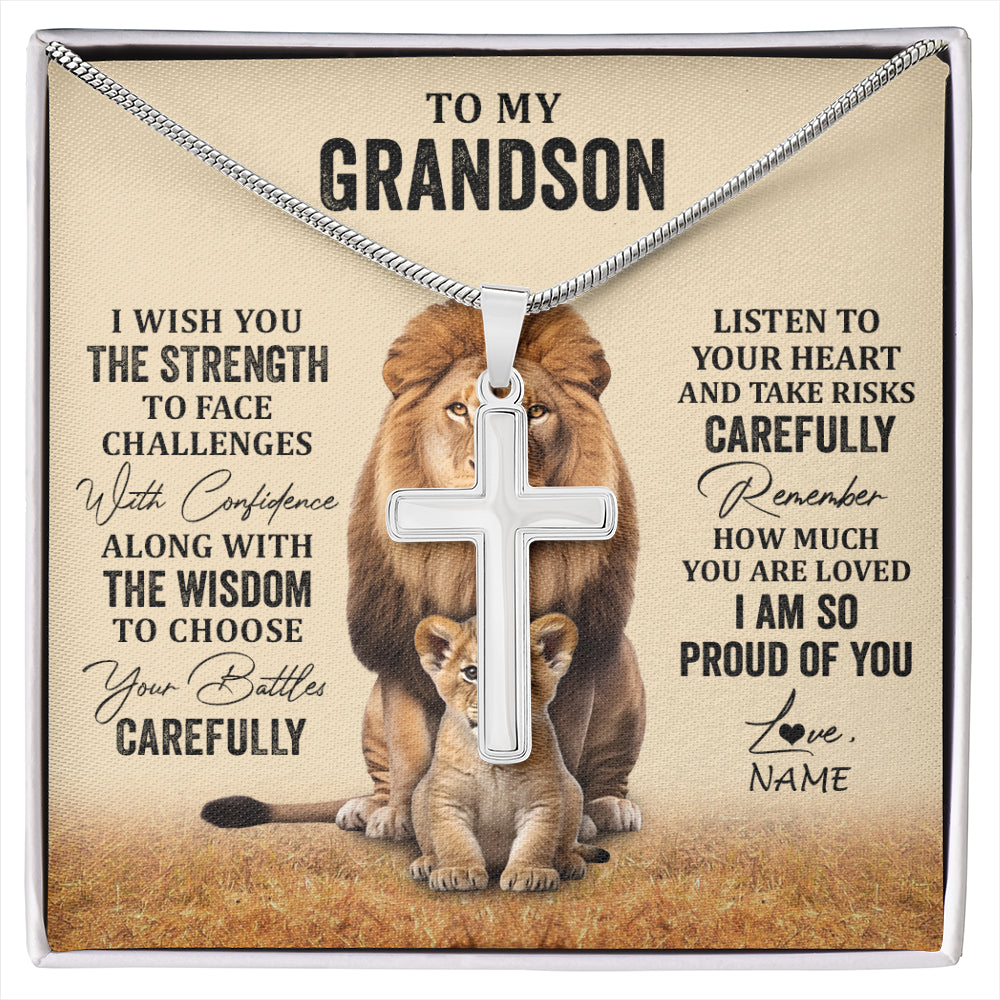 Stainless Cross Necklace Stainless Steel | 1 | Personalized To My Grandson Necklace From Grandma Grandpa I Wish You The Strength Lion Grandson Birthday Graduation Christmas Customized Gift Box Message Card | siriusteestore