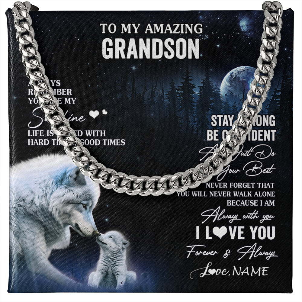 Cuban Link Chain Necklace Stainless Steel | 1 | Personalized To My Grandson Necklace From Grandma Grandpa Moon Wolf Grandson Birthday Gifts Graduation Christmas Customized Gift Box Message Card | siriusteestore