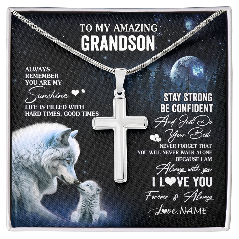 Stainless Cross Necklace Stainless Steel | 1 | Personalized To My Grandson Necklace From Grandma Grandpa Moon Wolf Grandson Birthday Gifts Graduation Christmas Customized Gift Box Message Card | siriusteestore