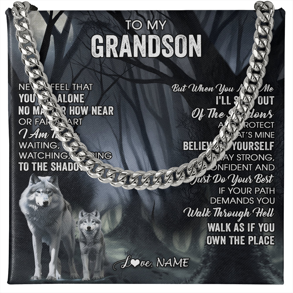 Cuban Link Chain Necklace Stainless Steel | 1 | Personalized To My Grandson Necklace From Grandma Grandpa Never Feel That You Are Alone Wolf Grandson Birthday Gifts Christmas Customized Gift Box Message Card | siriusteestore