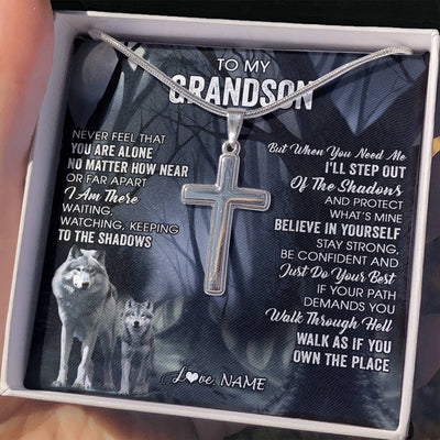 Stainless Cross Necklace Stainless Steel | 2 | Personalized To My Grandson Necklace From Grandma Grandpa Never Feel That You Are Alone Wolf Grandson Birthday Gifts Christmas Customized Gift Box Message Card | siriusteestore