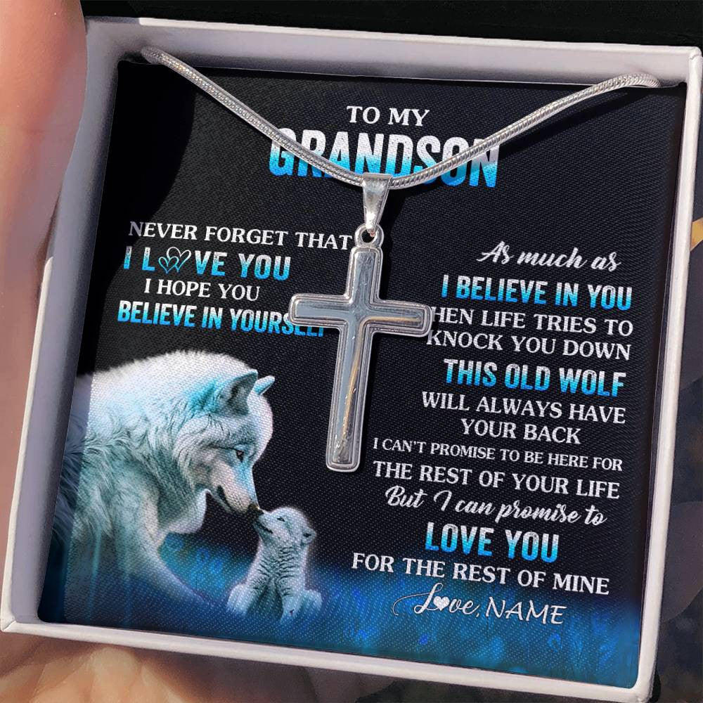 Stainless Cross Necklace Stainless Steel | 2 | Personalized To My Grandson Necklace From Grandma Grandpa This Old Wolf Love Grandson Birthday Gifts Graduation Christmas Customized Gift Box Message Card | siriusteestore