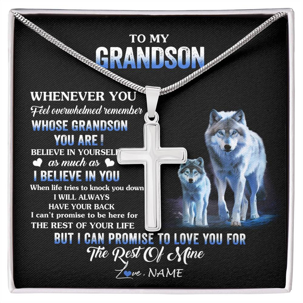 Stainless Cross Necklace Stainless Steel | 1 | Personalized To My Grandson Necklace From Grandma Grandpa Whenever You Feel Wolf Grandson Birthday Gifts Graduation Christmas Customized Gift Box Message Card | siriusteestore