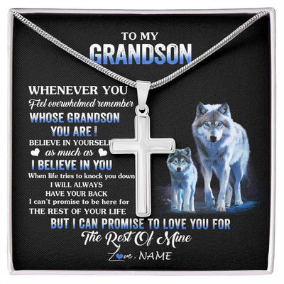 Stainless Cross Necklace Stainless Steel | 1 | Personalized To My Grandson Necklace From Grandma Grandpa Whenever You Feel Wolf Grandson Birthday Gifts Graduation Christmas Customized Gift Box Message Card | siriusteestore