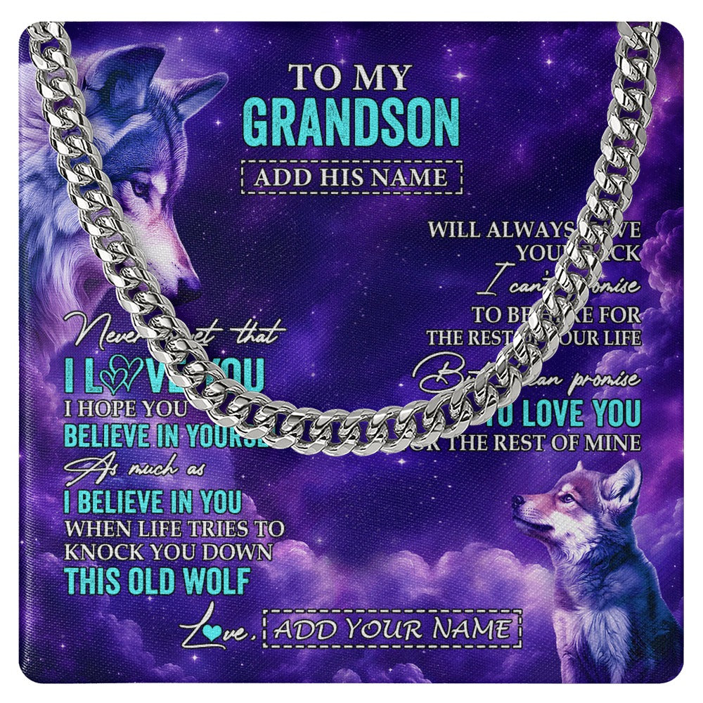 Cuban Link Chain Necklace Stainless Steel | 1 | Personalized To My Grandson Necklace From Grandma Grandpa Wolf Never Forget I Love You Grandson Birthday Gifts Graduation Christmas Gift Box Message Card Shirt & Hoodie | https://siriusteestore.
