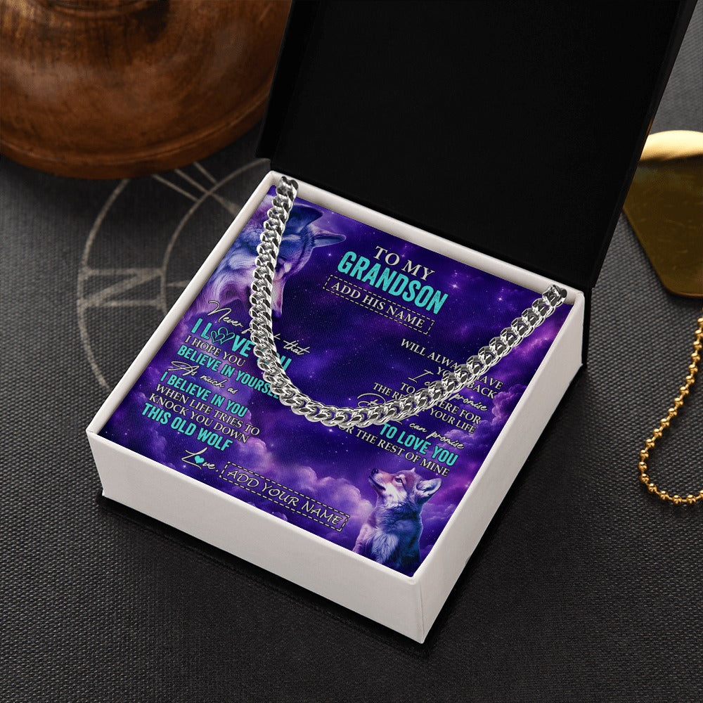 Cuban Link Chain Necklace Stainless Steel | 2 | Personalized To My Grandson Necklace From Grandma Grandpa Wolf Never Forget I Love You Grandson Birthday Gifts Graduation Christmas Gift Box Message Card Shirt & Hoodie | https://siriusteestore.
