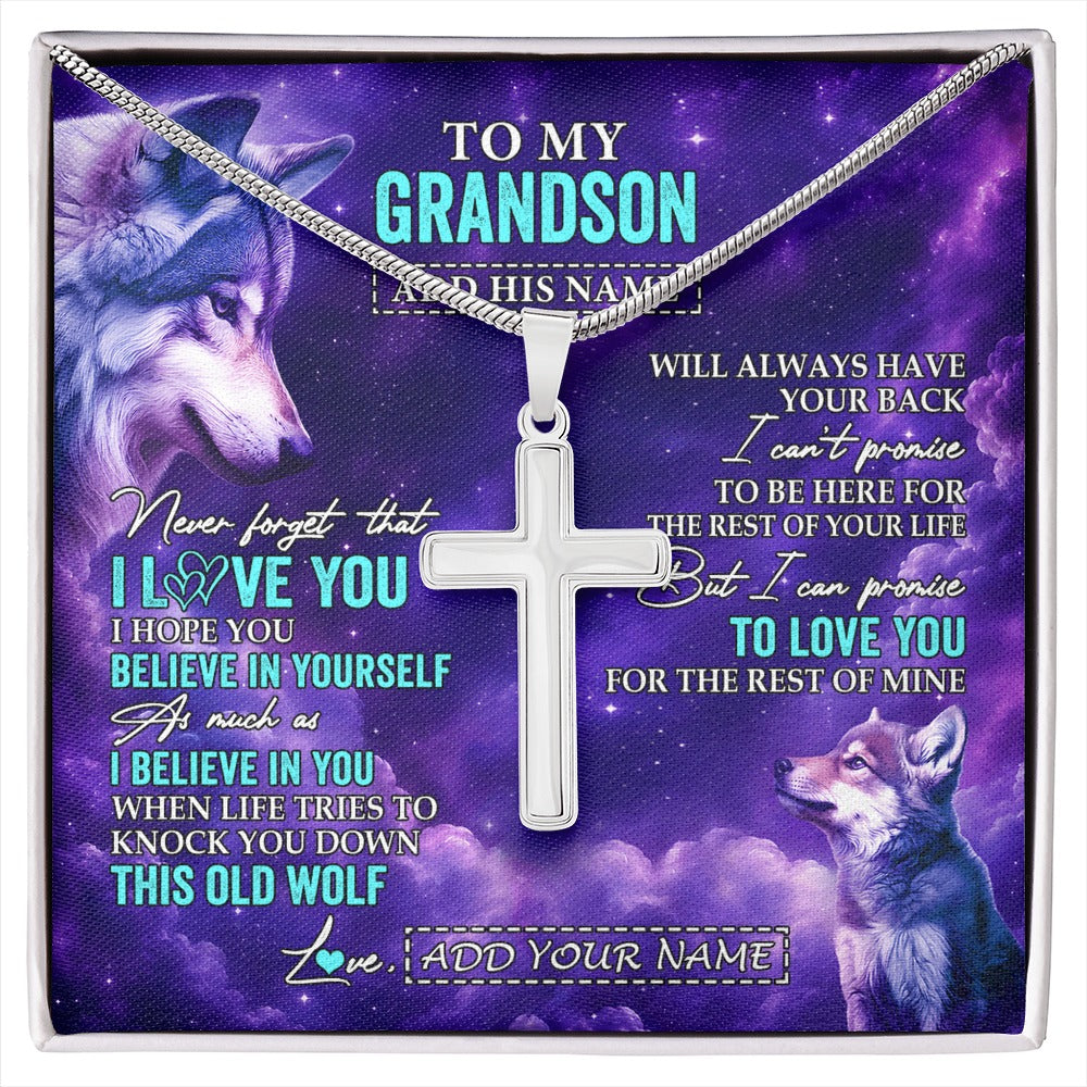 Stainless Cross Necklace Stainless Steel | 1 | Personalized To My Grandson Necklace From Grandma Grandpa Wolf Never Forget I Love You Grandson Birthday Gifts Graduation Christmas Gift Box Message Card Shirt & Hoodie | https://siriusteestore.