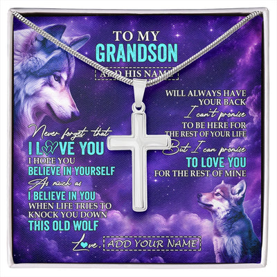 Stainless Cross Necklace Stainless Steel | 1 | Personalized To My Grandson Necklace From Grandma Grandpa Wolf Never Forget I Love You Grandson Birthday Gifts Graduation Christmas Gift Box Message Card Shirt & Hoodie | https://siriusteestore.