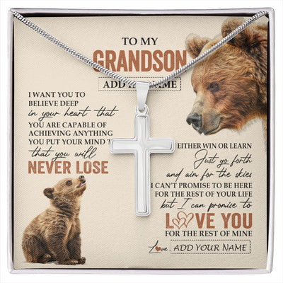 Stainless Cross Necklace Stainless Steel | 1 | Personalized To My Grandson Necklace From Grandma Grandpa You Will Never Lose Bear Grandson Birthday Gifts Graduation Christmas Custom Gift Box Message Card | siriusteestore.myshopify