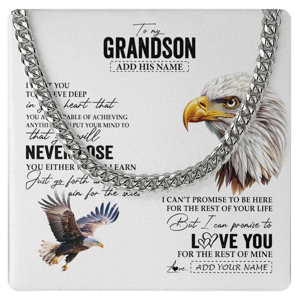 Cuban Link Chain Necklace Stainless Steel | 1 | Personalized To My Grandson Necklace From Grandma Grandpa You Will Never Lose Eagle Grandson Birthday Gifts Graduation Christmas Custom Gift Box Message Card | siriusteestore