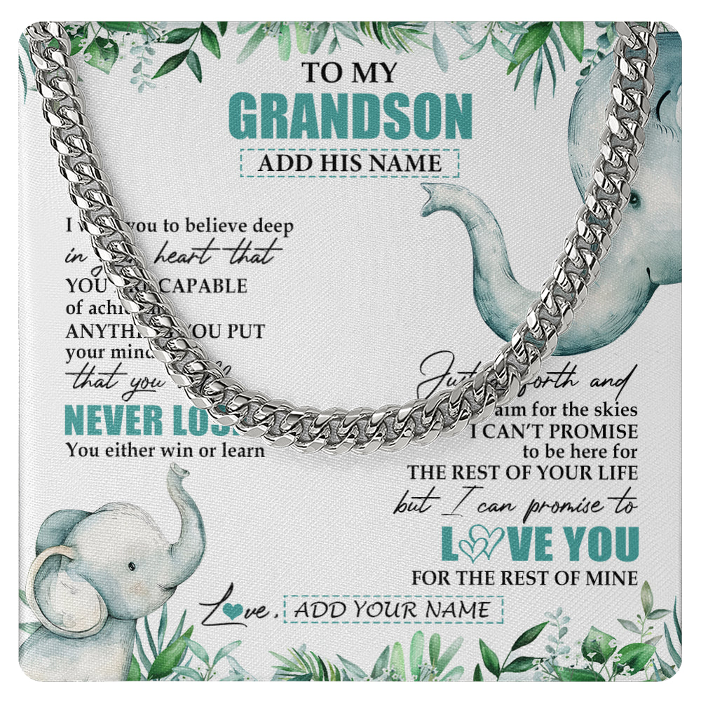 Cuban Link Chain Necklace Stainless Steel | 1 | Personalized To My Grandson Necklace From Grandma Grandpa You Will Never Lose Elephant Grandson Birthday Gifts Graduation Christmas Gift Box Message Card | siriusteestore
