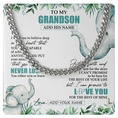 Cuban Link Chain Necklace Stainless Steel | 1 | Personalized To My Grandson Necklace From Grandma Grandpa You Will Never Lose Elephant Grandson Birthday Gifts Graduation Christmas Gift Box Message Card | siriusteestore