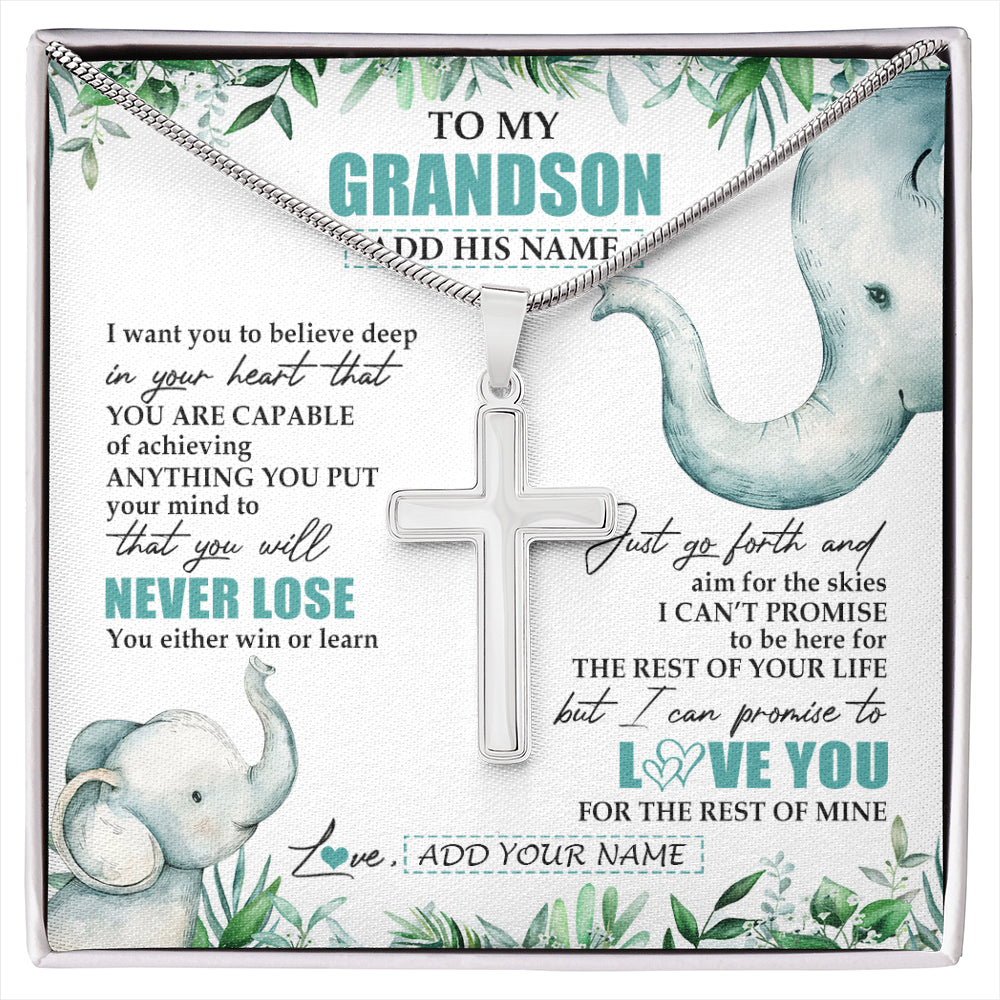 Stainless Cross Necklace Stainless Steel | 1 | Personalized To My Grandson Necklace From Grandma Grandpa You Will Never Lose Elephant Grandson Birthday Gifts Graduation Christmas Gift Box Message Card | siriusteestore