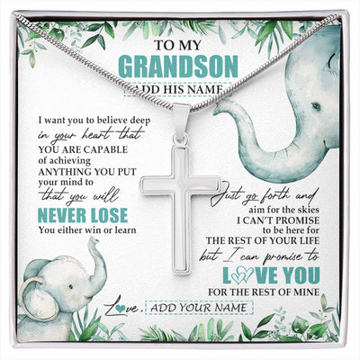 Stainless Cross Necklace Stainless Steel | 1 | Personalized To My Grandson Necklace From Grandma Grandpa You Will Never Lose Elephant Grandson Birthday Gifts Graduation Christmas Gift Box Message Card | siriusteestore