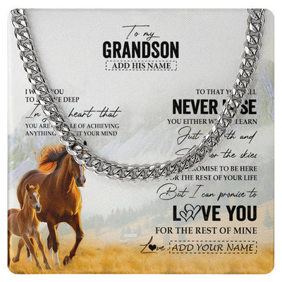Cuban Link Chain Necklace Stainless Steel | 1 | Personalized To My Grandson Necklace From Grandma Grandpa You Will Never Lose Horse Grandson Birthday Gifts Graduation Christmas Custom Gift Box Message Card | siriusteestore