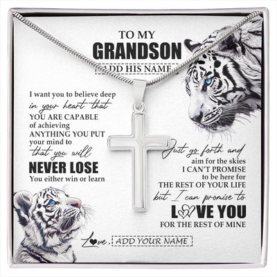 Stainless Cross Necklace Stainless Steel | 1 | Personalized To My Grandson Necklace From Grandma Grandpa You Will Never Lose White Tiger Grandson Birthday Gifts Graduation Christmas Gift Box Message Card | siriusteestore