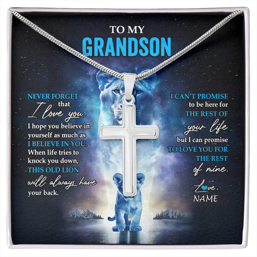 Stainless Cross Necklace Stainless Steel | 1 | Personalized To My Grandson Necklace From Grandma Granny Never Forget I Love You Lion Grandson Jewelry Birthday Christmas Customized Message Card | siriusteestore
