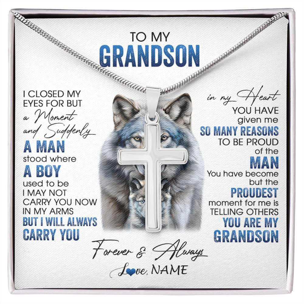 Stainless Cross Necklace Stainless Steel | 1 | Personalized To My Grandson Necklace From Grandma I Close My Eyes For But A Moment Wolf Grandson Birthday Gifts Christmas Customized Gift Box Message Card | siriusteestore
