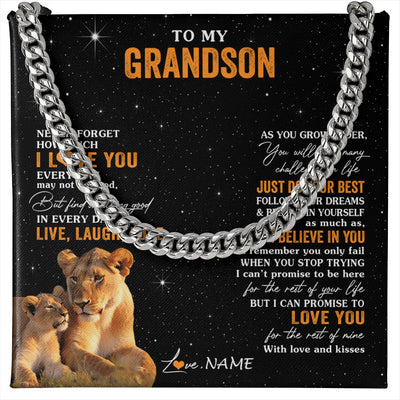 Cuban Link Chain Necklace Stainless Steel | 1 | Personalized To My Grandson Necklace From Grandma Live Laugh Love Lion Grandson Birthday Gifts Positive Graduation Christmas Customized Gift Box Message Card | siriusteestore