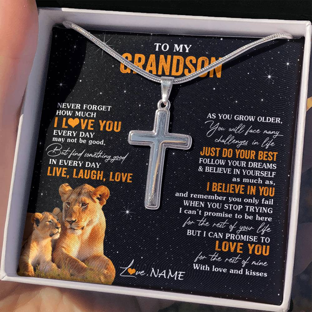 Stainless Cross Necklace Stainless Steel | 2 | Personalized To My Grandson Necklace From Grandma Live Laugh Love Lion Grandson Birthday Gifts Positive Graduation Christmas Customized Gift Box Message Card | siriusteestore