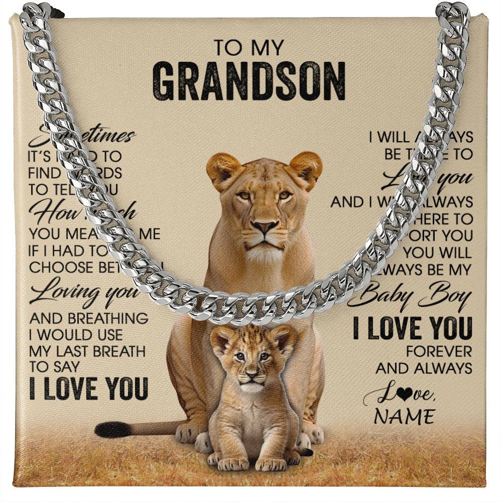 Cuban Link Chain Necklace Stainless Steel | 1 | Personalized To My Grandson Necklace From Grandma Mimi Sometimes It's Hard Lion Grandson Gift Birthday Jewelry Christmas Customized Gift Box Message Card | siriusteestore