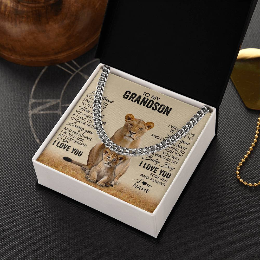 Cuban Link Chain Necklace Stainless Steel | 2 | Personalized To My Grandson Necklace From Grandma Mimi Sometimes It's Hard Lion Grandson Gift Birthday Jewelry Christmas Customized Gift Box Message Card | siriusteestore