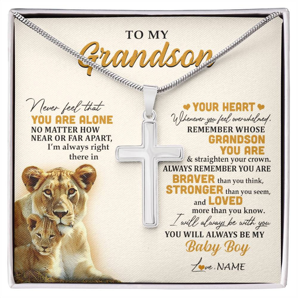 Stainless Cross Necklace Stainless Steel | 1 | Personalized To My Grandson Necklace From Grandma Nana Lion Never Feel That You Are Alone Great Grandson Birthday Christmas Customized Gift Box Message Card | siriusteestore