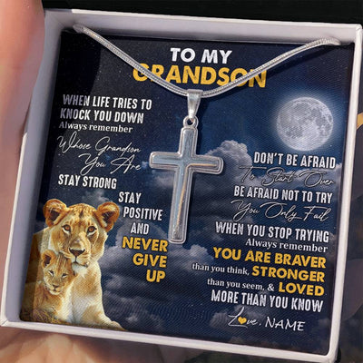 Stainless Cross Necklace Stainless Steel | 2 | Personalized To My Grandson Necklace From Grandma Nana Lion Never Give Up Grandson Birthday Christmas Jewelry Customized Gift Box Message Card | siriusteestore