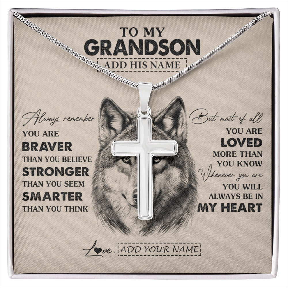 Stainless Cross Necklace Stainless Steel | 1 | Personalized To My Grandson Necklace From Grandma Nana Wolf Braver Stronger Smarter Grandson Birthday Graduation Christmas Customized Gift Box Message Card | siriusteestore.myshopify