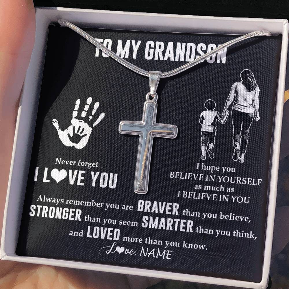 Stainless Cross Necklace Stainless Steel | 2 | Personalized To My Grandson Necklace From Grandma Never Forget I Love You Grandson Birthday Gifts Christmas Graduation Customized Gift Box Message Card | siriusteestore