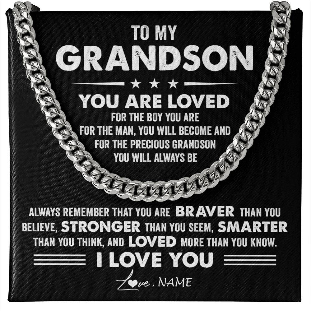 Cuban Link Chain Necklace Stainless Steel | 1 | Personalized To My Grandson Necklace From Grandma Papa Cuban Chain You Are Loved Grandson Birthday Graduation Christmas Customized Gift Box Message Card | siriusteestore